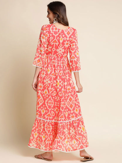 Orange Flared Printed Empire Ethnic Dresses - Buy Best Ethnic Wear for Women & Girls | Daily Woman - 