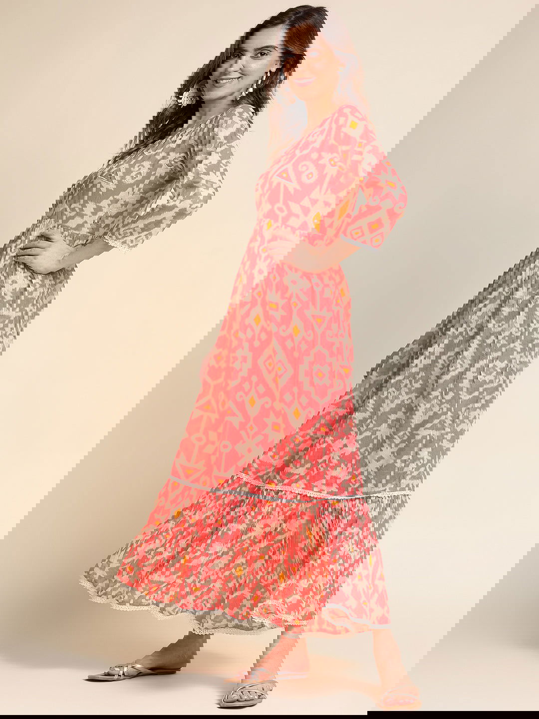 Orange Flared Printed Empire Ethnic Dresses - Buy Best Ethnic Wear for Women & Girls | Daily Woman - 