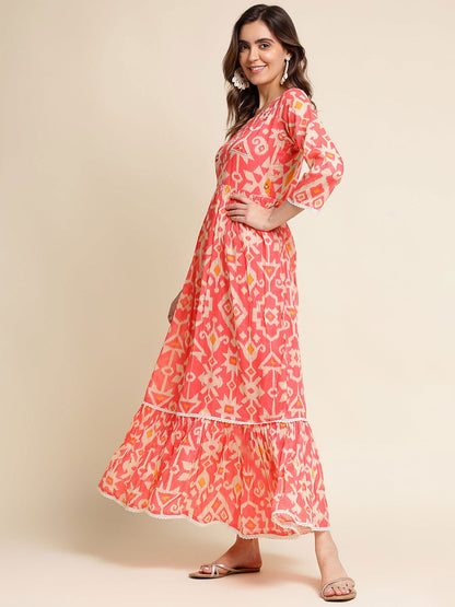 Orange Flared Printed Empire Ethnic Dresses - Buy Best Ethnic Wear for Women & Girls | Daily Woman - 