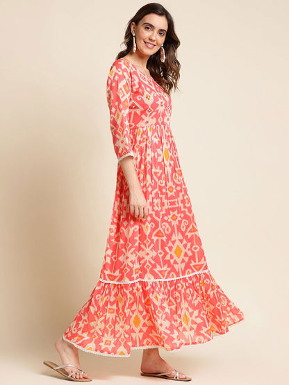 Orange Flared Printed Empire Ethnic Dresses - Buy Best Ethnic Wear for Women & Girls | Daily Woman - 