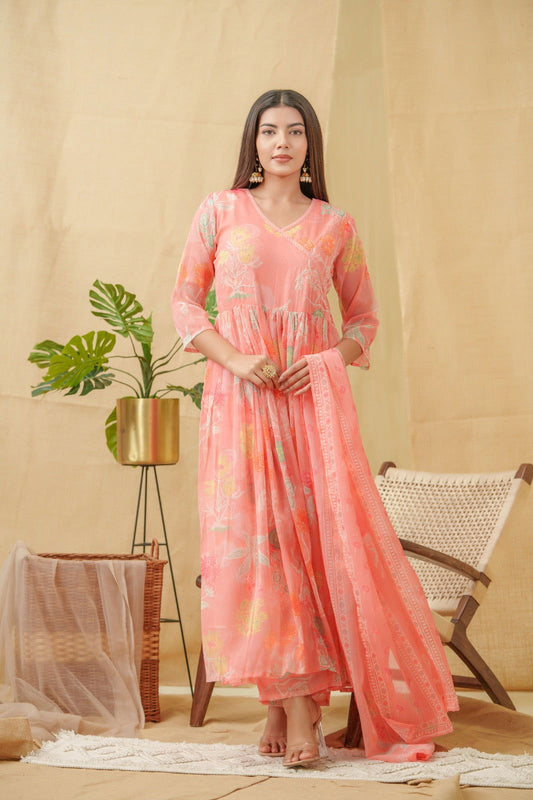 Orange Floral Printed Angrakha A-Line Kurta With Palazzos & Dupatta - Buy Best Ethnic Wear for Women & Girls | Daily Woman - 