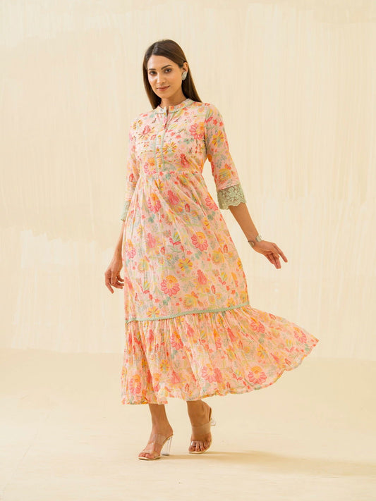 Orange Floral Printed Mandarin Collar Sequinned Cotton Fit & Flare Ethnic Dresses - Buy Best Ethnic Wear for Women & Girls | Daily Woman - 