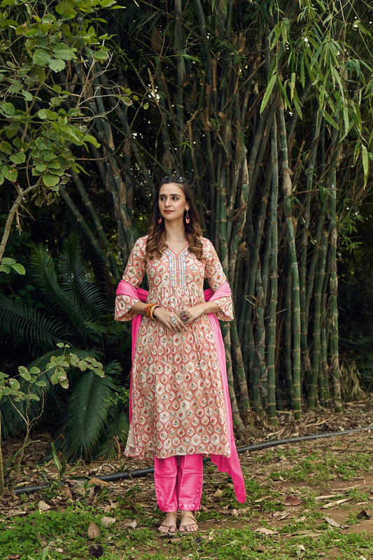 Orange Floral Printed Sequined Pure Cotton A-Line Kurta With Trouser & Dupatta - Buy Best Ethnic Wear for Women & Girls | Daily Woman - 