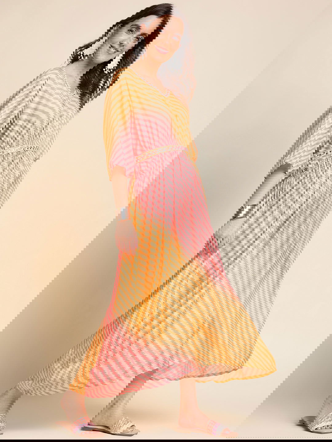 Orange Striped Maxi Midi Dress - Buy Best Ethnic Wear for Women & Girls | Daily Woman - 