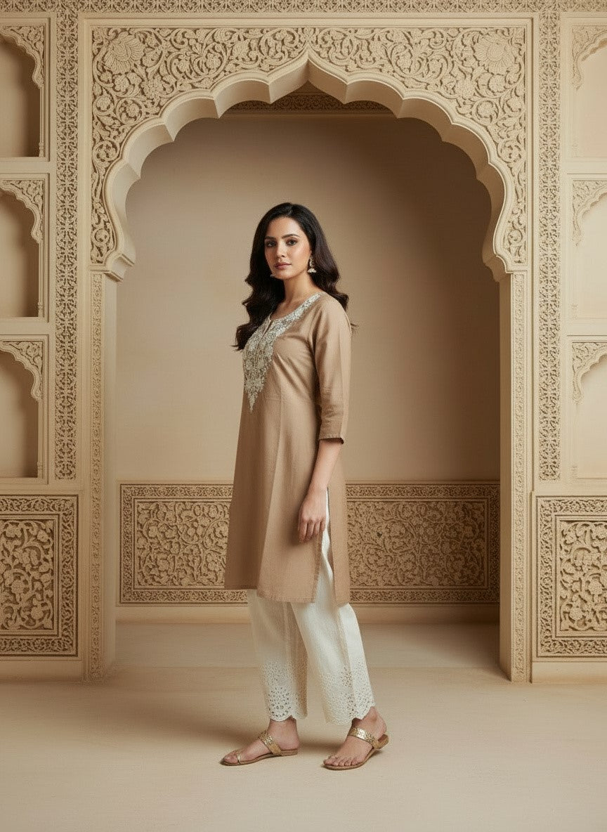 Floral Embroidered Notch Neck Straight Kurtis