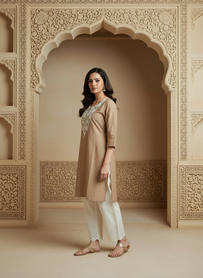 Floral Embroidered Notch Neck Straight Kurtis