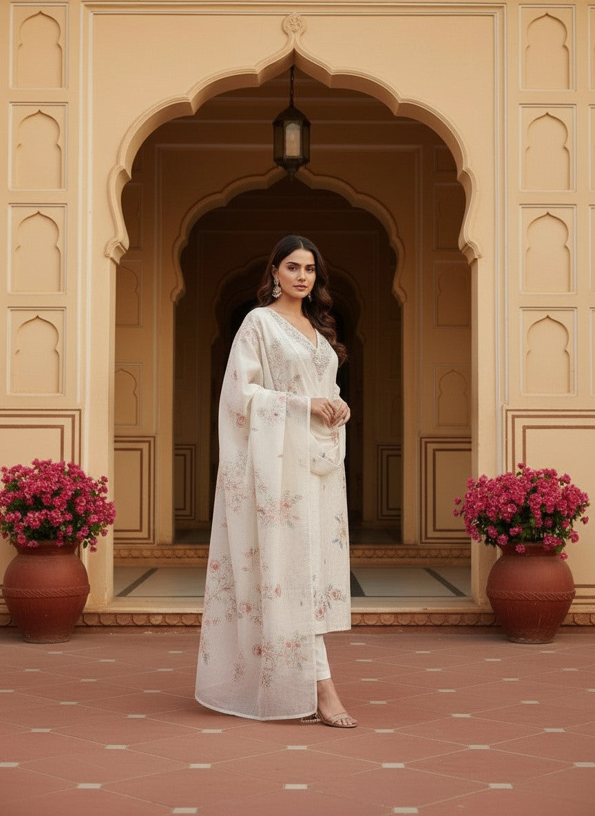 Embroidered Chinon V-Neck Kurta Trousers & Dupatta