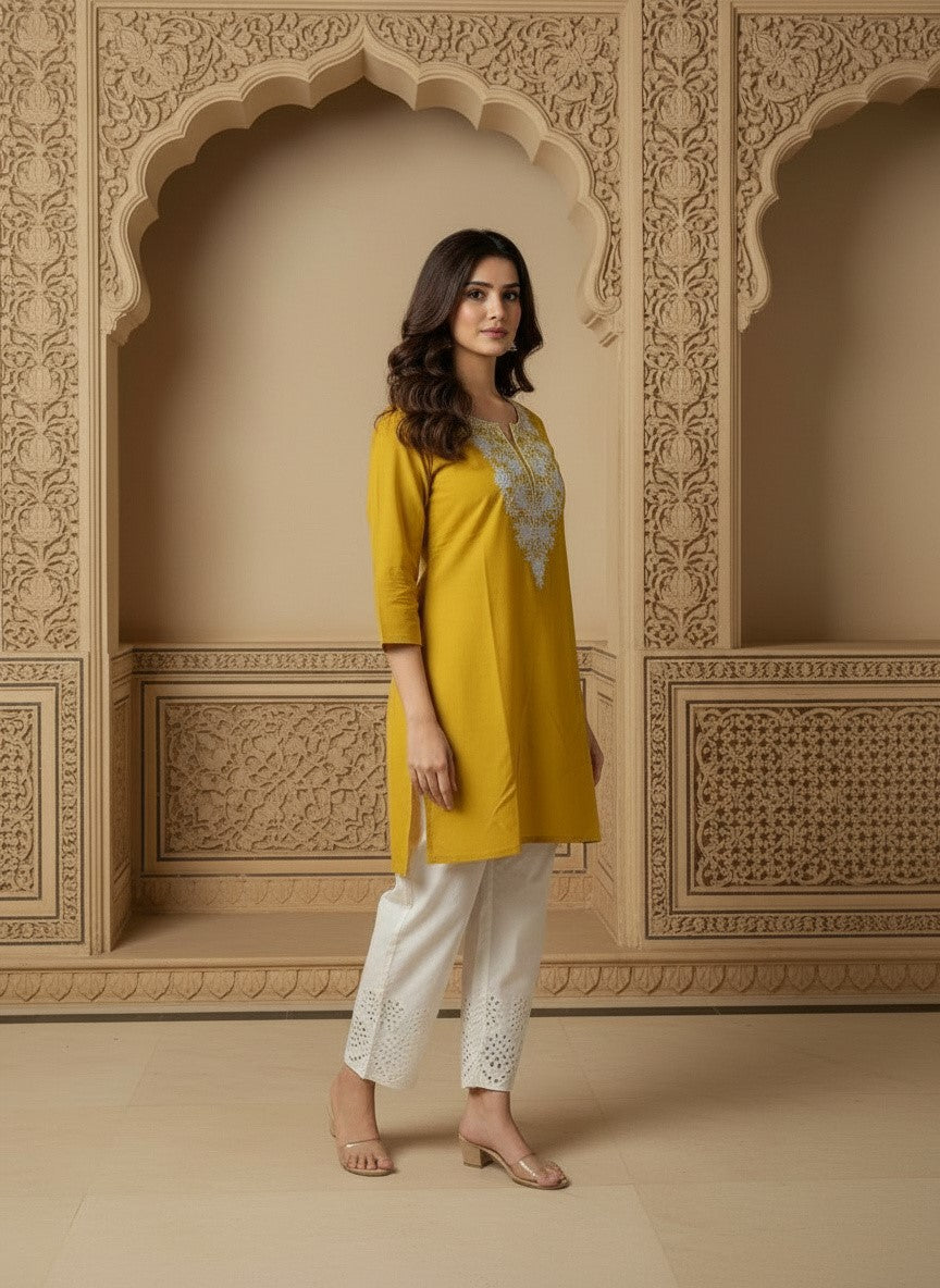 Floral Embroidered Notch Neck Straight Kurtis