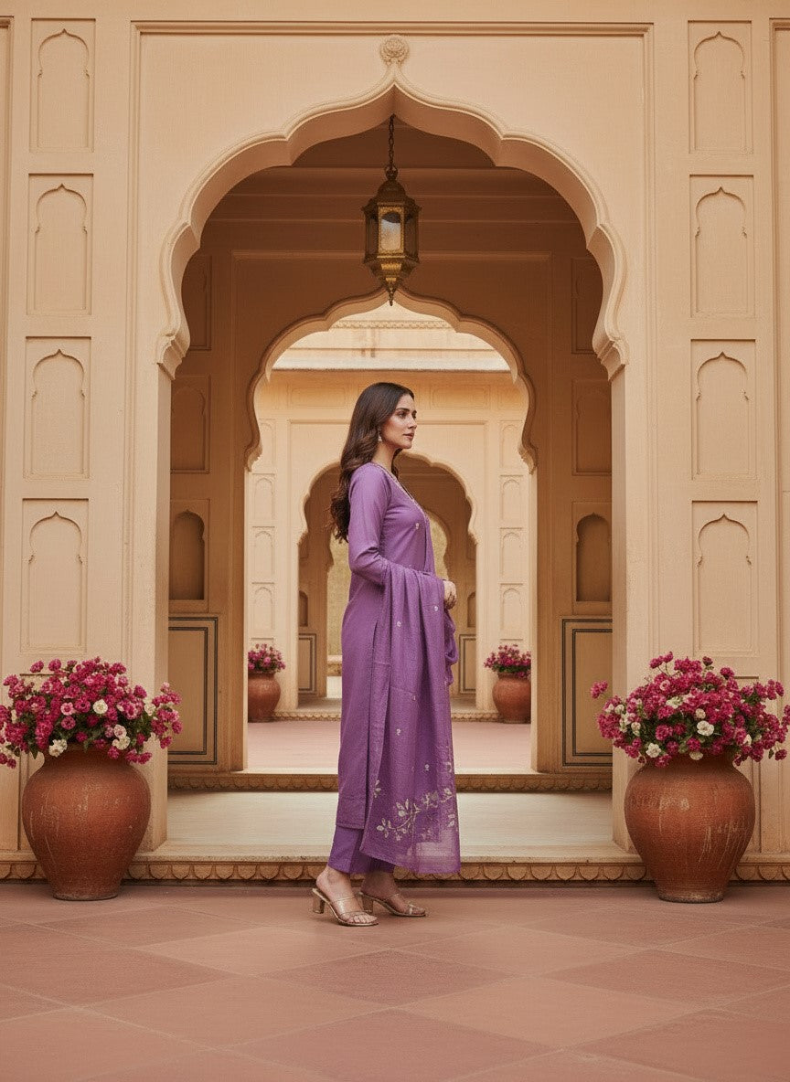 Embroidered Chinon V-Neck Kurta Trousers & Dupatta