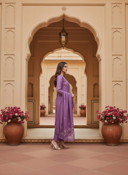Embroidered Chinon V-Neck Kurta Trousers & Dupatta