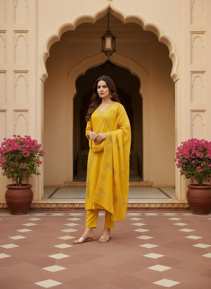 Embroidered Chinon V-Neck Kurta Trousers & Dupatta