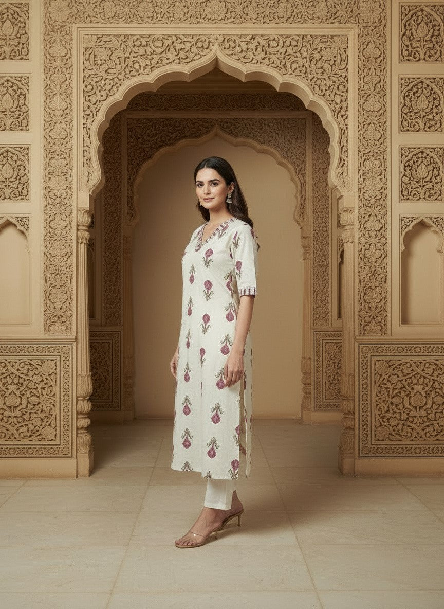 Printed Cotton V-Neck Calf Length Straight Kurta