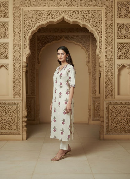 Printed Cotton V-Neck Calf Length Straight Kurta