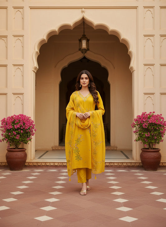 Embroidered Chinon V-Neck Kurta Trousers & Dupatta