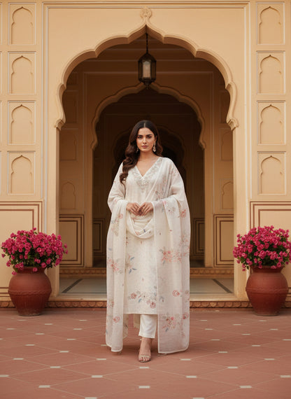 Embroidered Chinon V-Neck Kurta Trousers & Dupatta