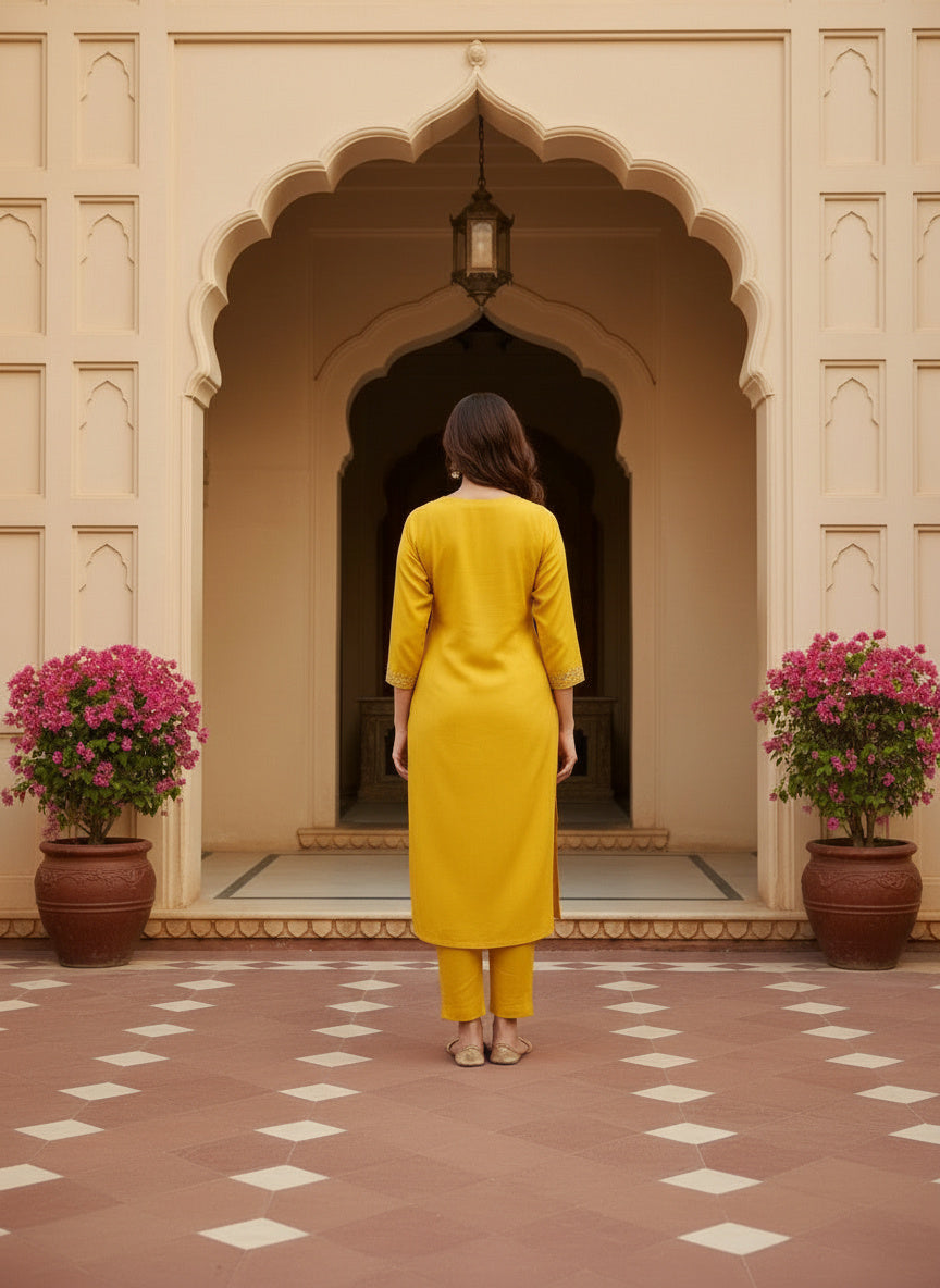 Embroidered Chinon V-Neck Kurta Trousers & Dupatta