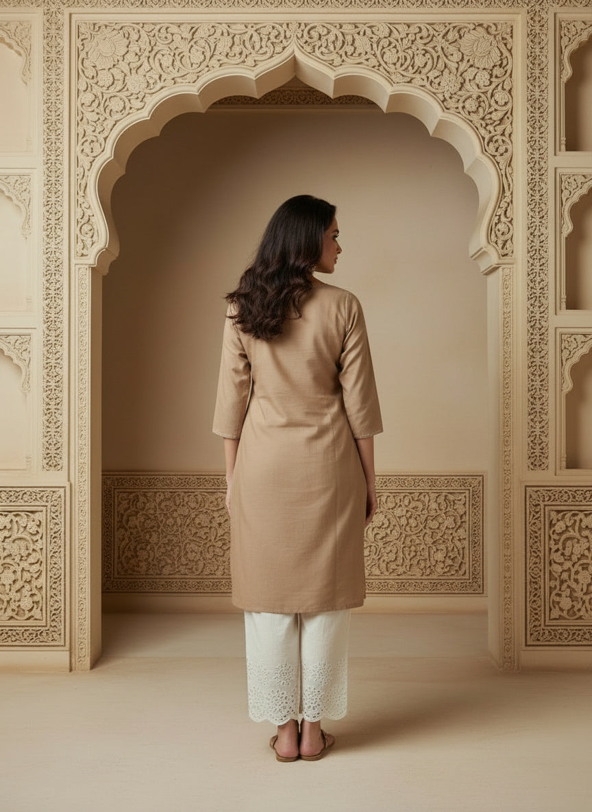 Floral Embroidered Notch Neck Straight Kurtis