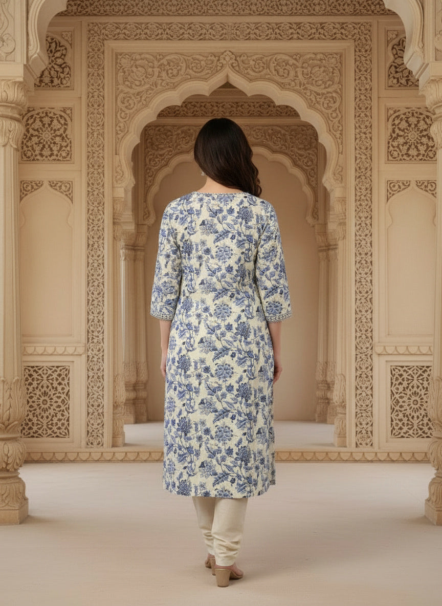 Printed Cotton V-Neck Calf Length Straight Kurta