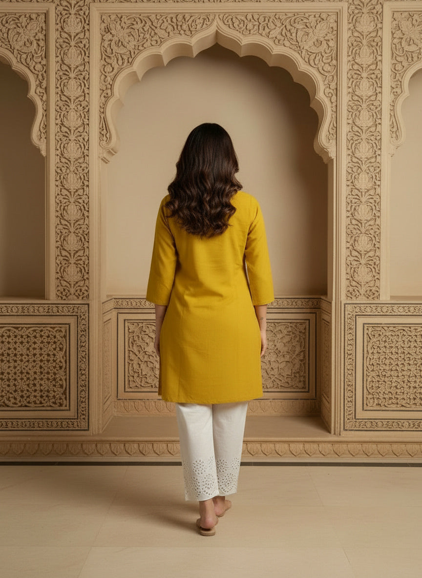 Floral Embroidered Notch Neck Straight Kurtis