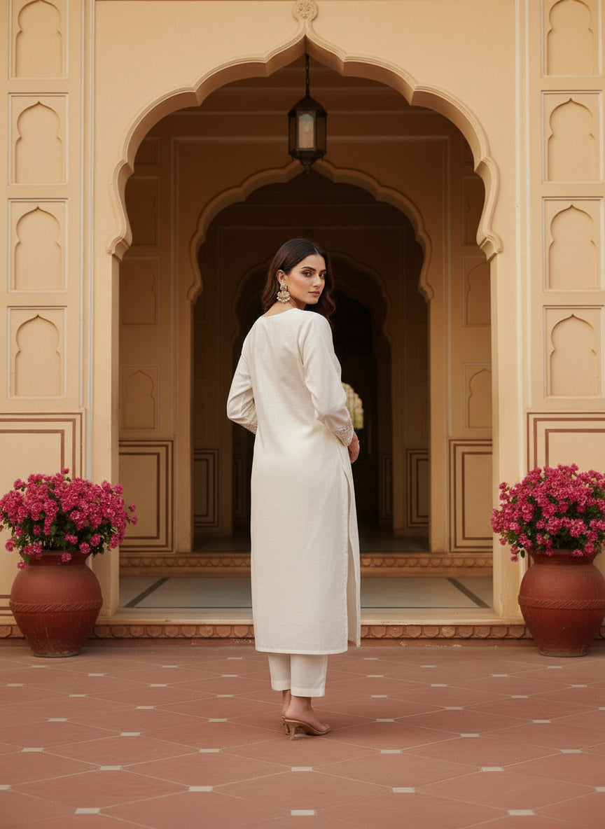 Embroidered Chinon V-Neck Kurta Trousers & Dupatta