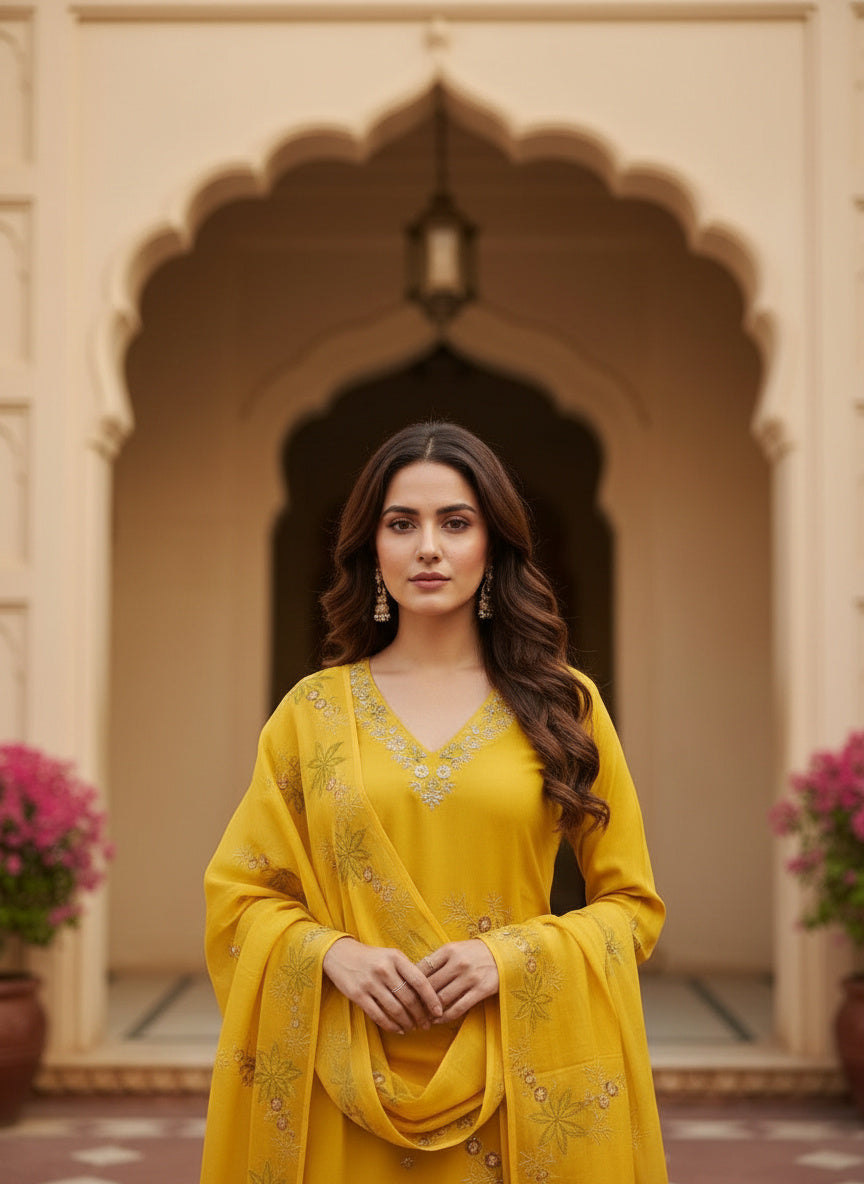 Embroidered Chinon V-Neck Kurta Trousers & Dupatta