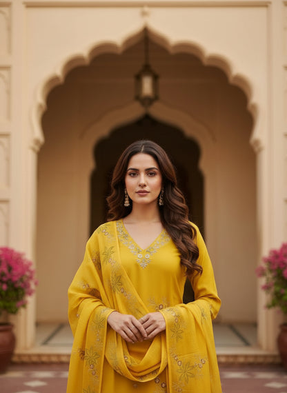 Embroidered Chinon V-Neck Kurta Trousers & Dupatta
