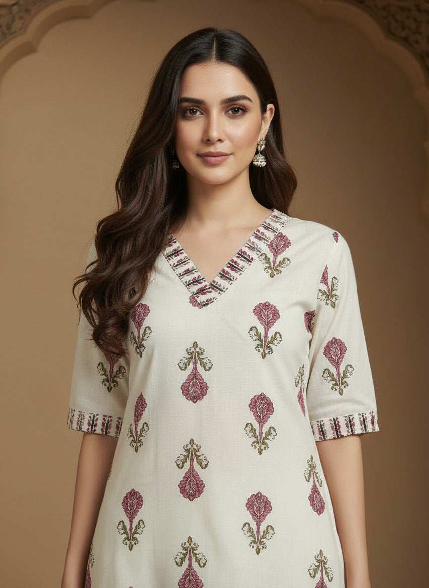 Printed Cotton V-Neck Calf Length Straight Kurta