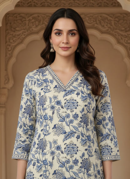 Printed Cotton V-Neck Calf Length Straight Kurta