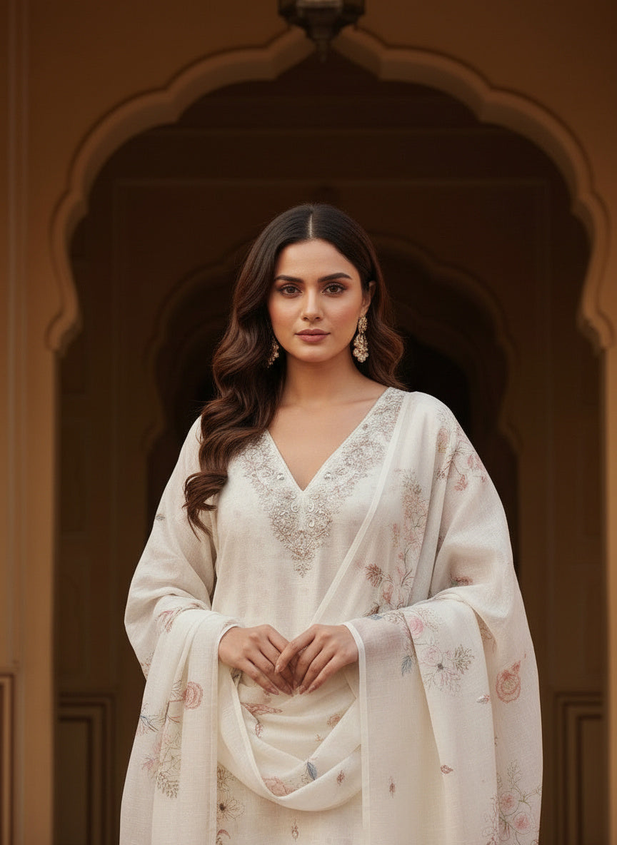 Embroidered Chinon V-Neck Kurta Trousers & Dupatta
