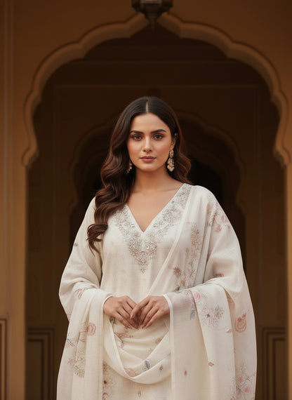 Embroidered Chinon V-Neck Kurta Trousers & Dupatta