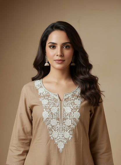 Floral Embroidered Notch Neck Straight Kurtis