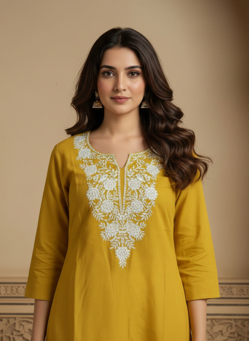 Floral Embroidered Notch Neck Straight Kurtis