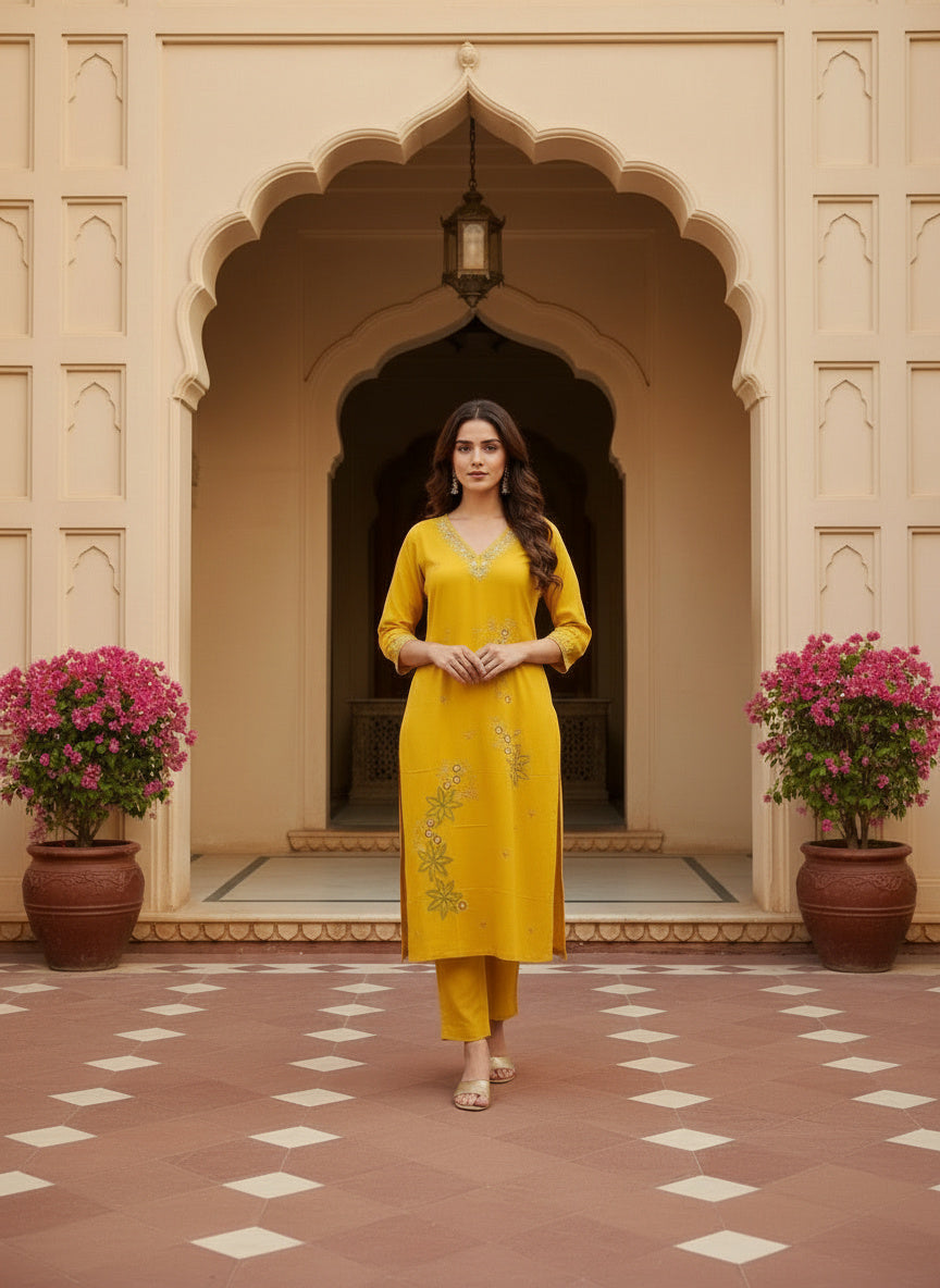 Embroidered Chinon V-Neck Kurta Trousers & Dupatta