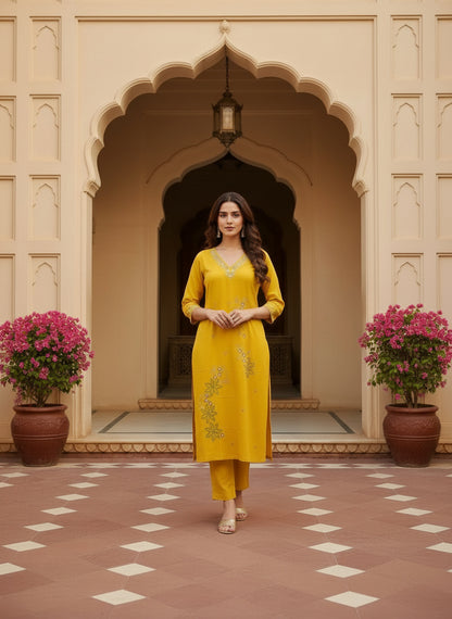 Embroidered Chinon V-Neck Kurta Trousers & Dupatta