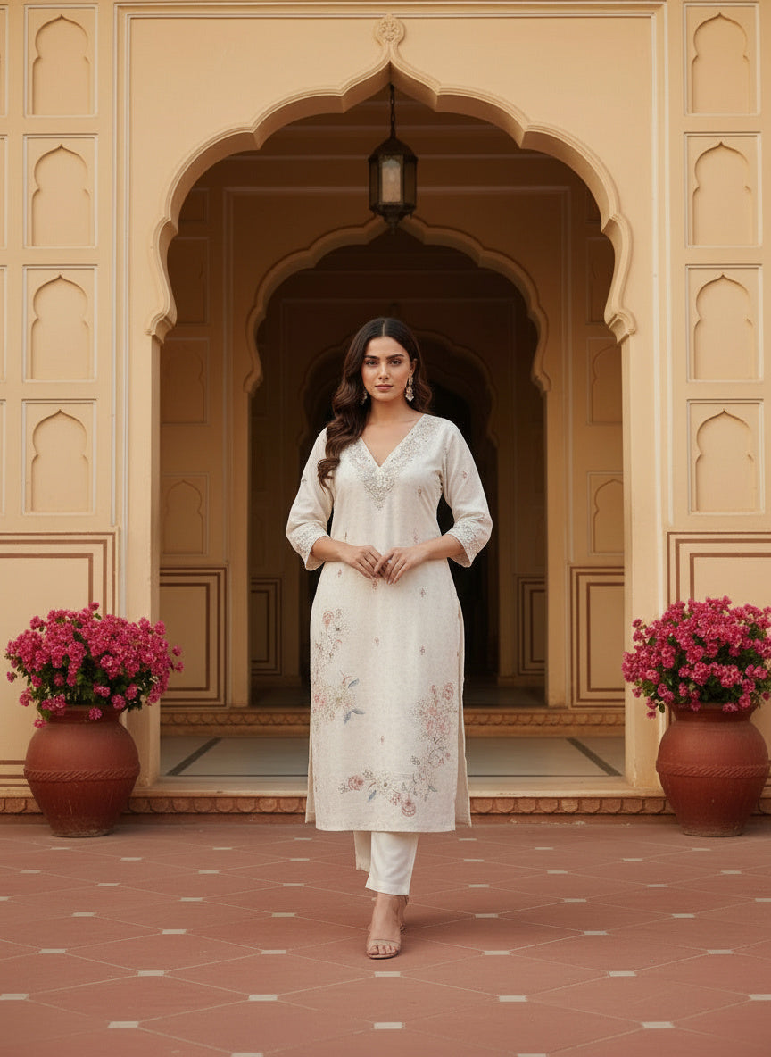 Embroidered Chinon V-Neck Kurta Trousers & Dupatta