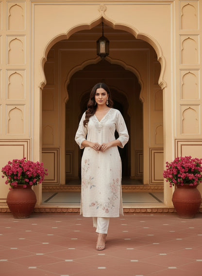 Embroidered Chinon V-Neck Kurta Trousers & Dupatta