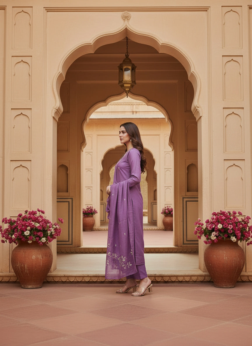 Embroidered Chinon V-Neck Kurta Trousers & Dupatta