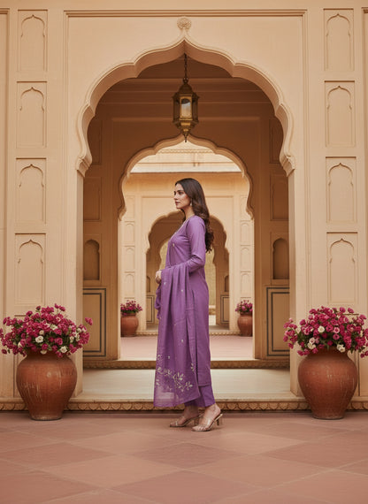 Embroidered Chinon V-Neck Kurta Trousers & Dupatta