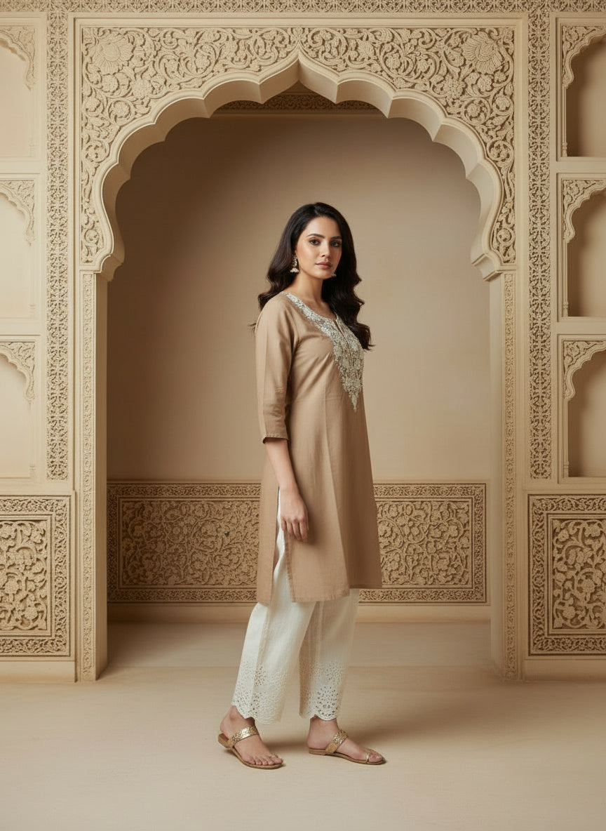 Floral Embroidered Notch Neck Straight Kurtis