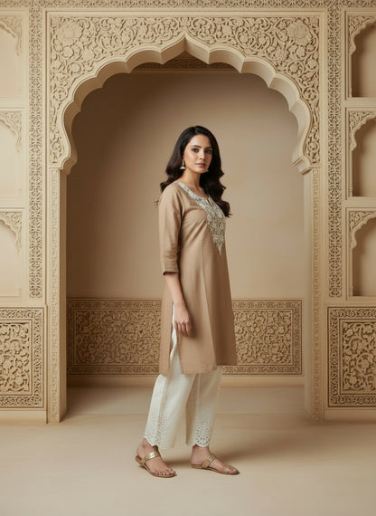 Floral Embroidered Notch Neck Straight Kurtis