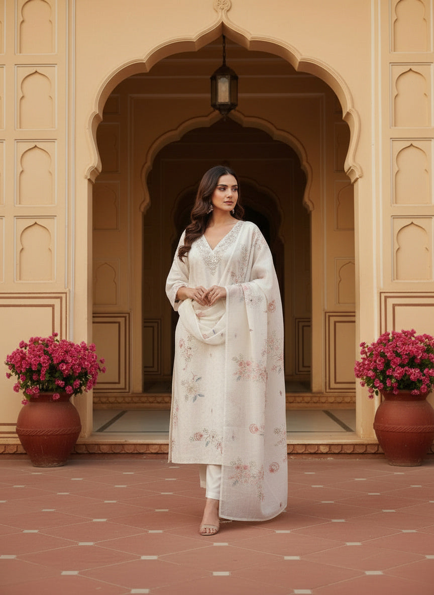Embroidered Chinon V-Neck Kurta Trousers & Dupatta