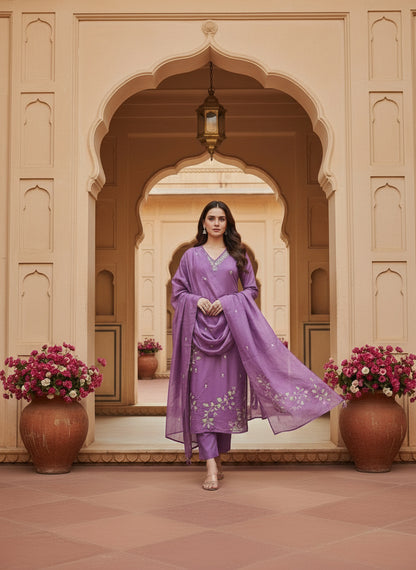 Embroidered Chinon V-Neck Kurta Trousers & Dupatta