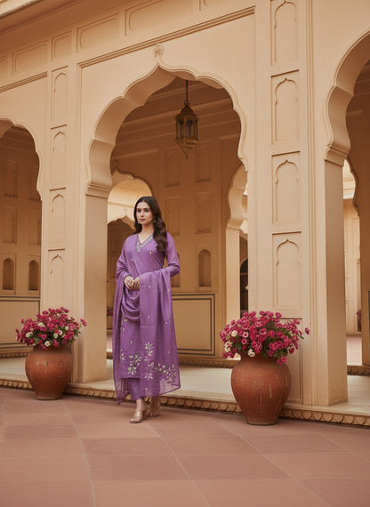 Embroidered Chinon V-Neck Kurta Trousers & Dupatta