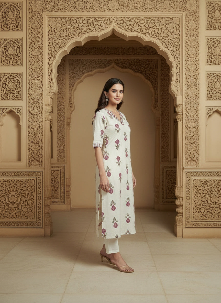 Printed Cotton V-Neck Calf Length Straight Kurta