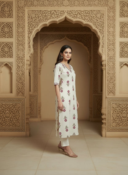 Printed Cotton V-Neck Calf Length Straight Kurta