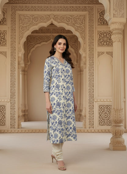 Printed Cotton V-Neck Calf Length Straight Kurta