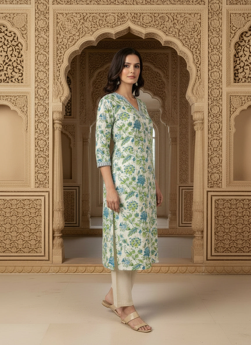 Printed Cotton V-Neck Calf Length Straight Kurta