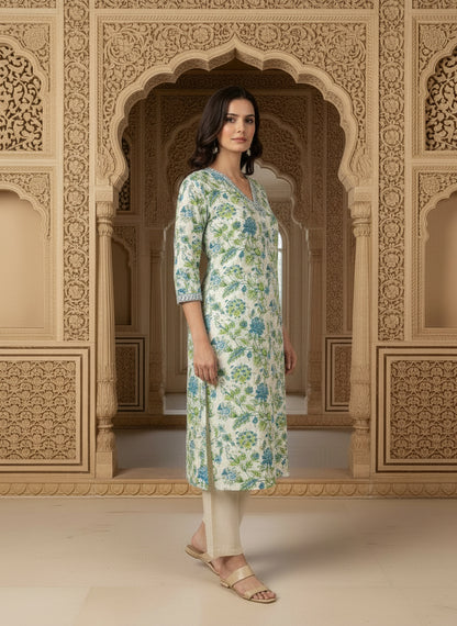 Printed Cotton V-Neck Calf Length Straight Kurta