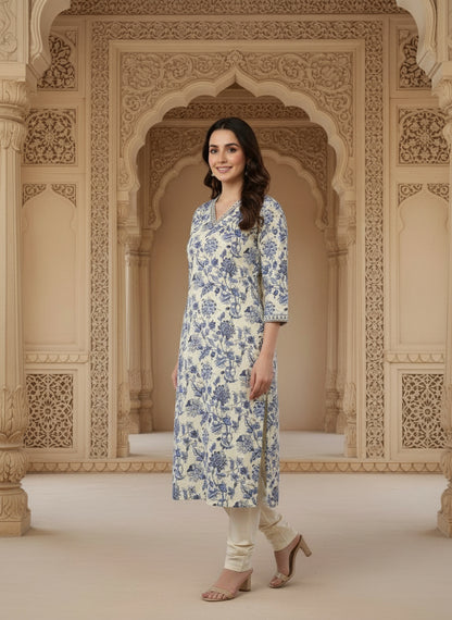 Printed Cotton V-Neck Calf Length Straight Kurta