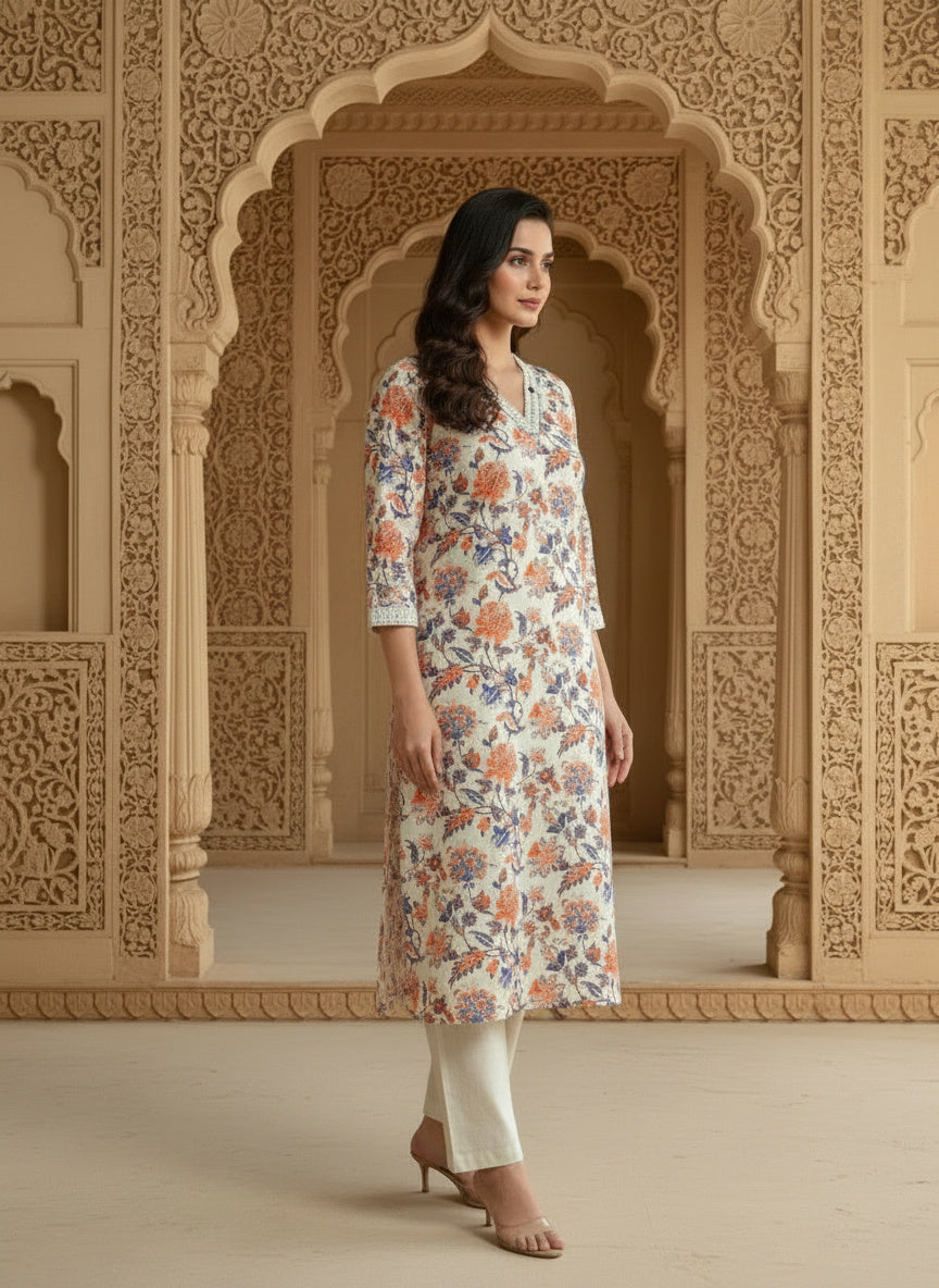 Printed Cotton V-Neck Calf Length Straight Kurta